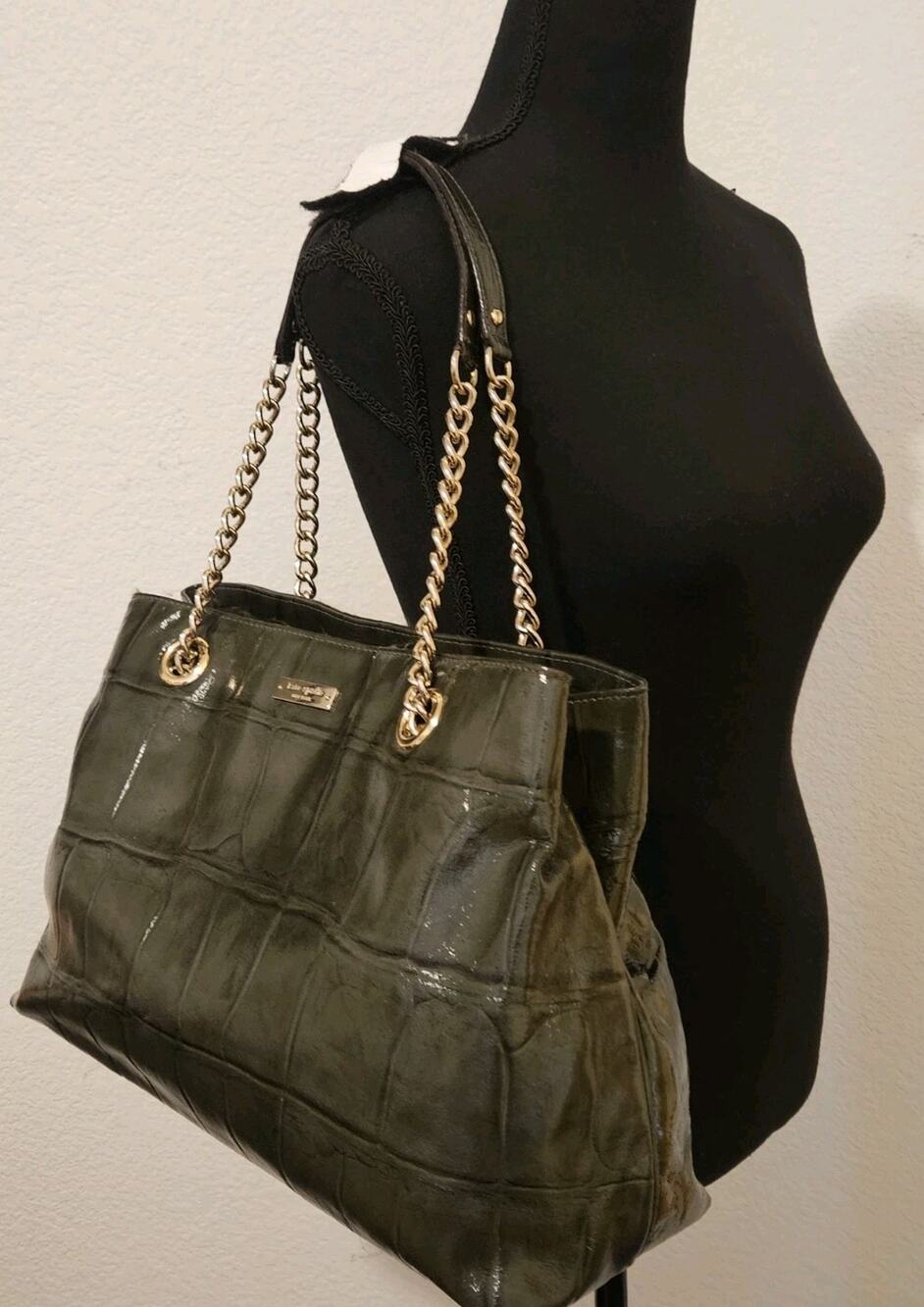 Kate Spade Knightsbridge Helena Green Croc Patent Leather Handbag 15x11x5